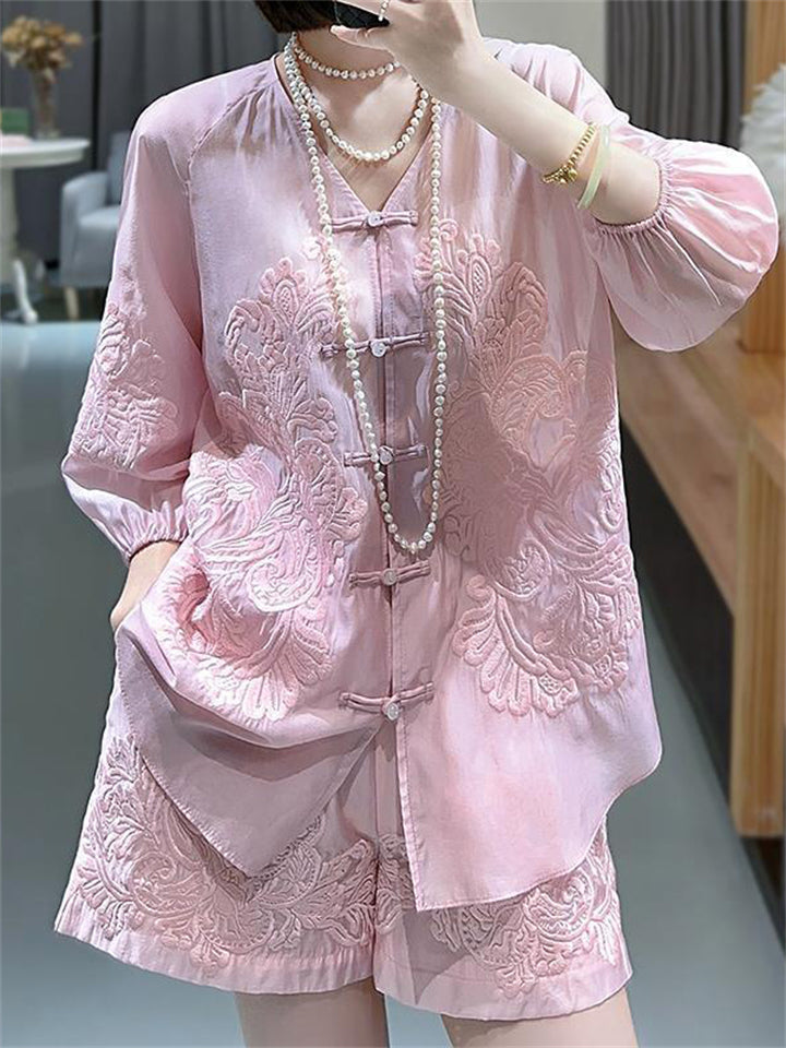 Women's Flower Embroidered Top + Shorts Chinese Style Tang Suit Set