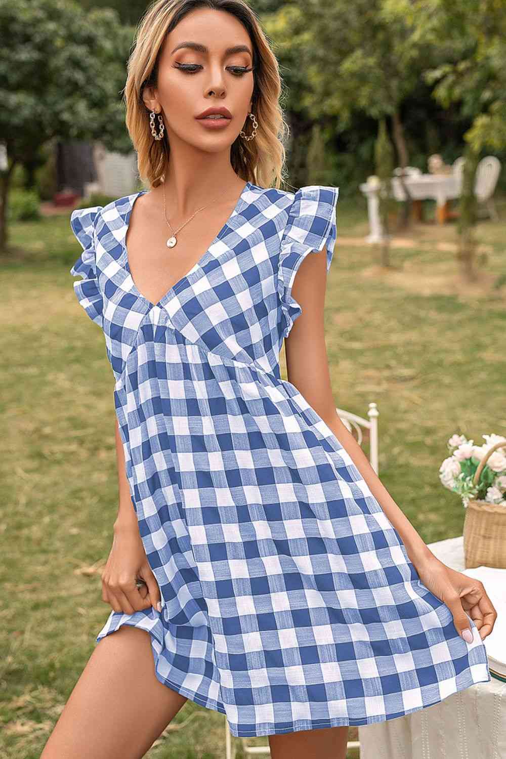 Plaid Butterfly Sleeve Deep V Dress