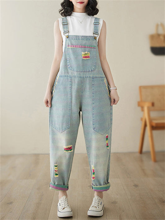 Cute Colorful Ripped Oversized Denim Jumpsuit for Women