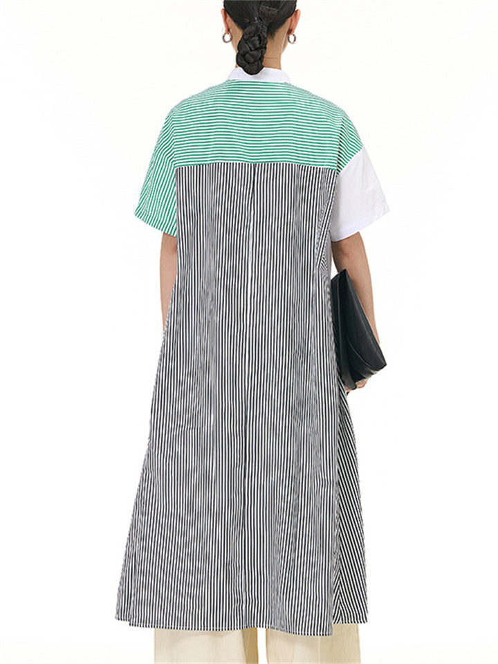 Women's Short Sleeve Vertical Stripe Patchwork A-Line Shirt Dress