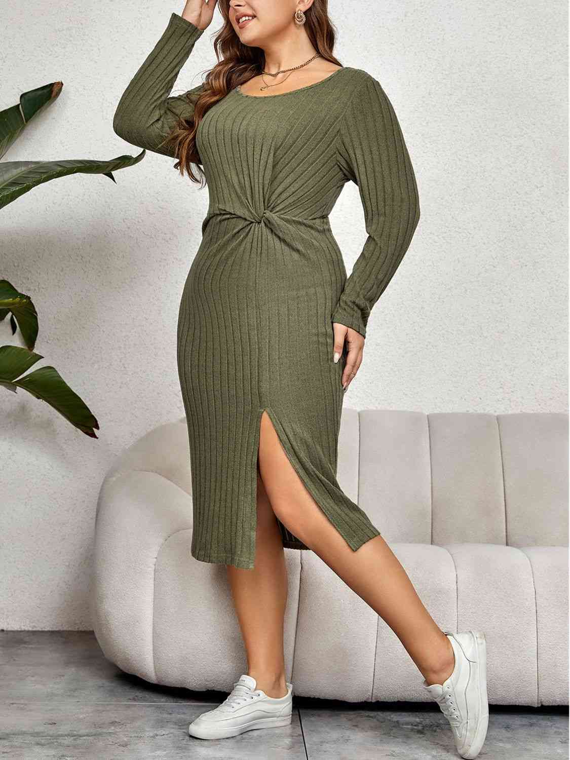 Plus Size Ribbed Round Neck Twisted Slit Midi Dress