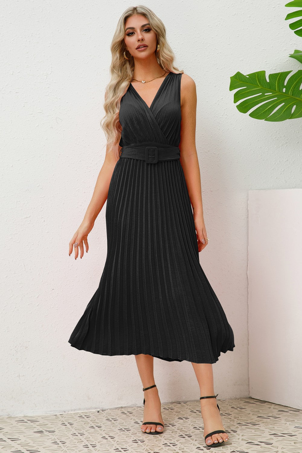 Ivyshape | Surplice Sleeveless Midi Pleated Dress