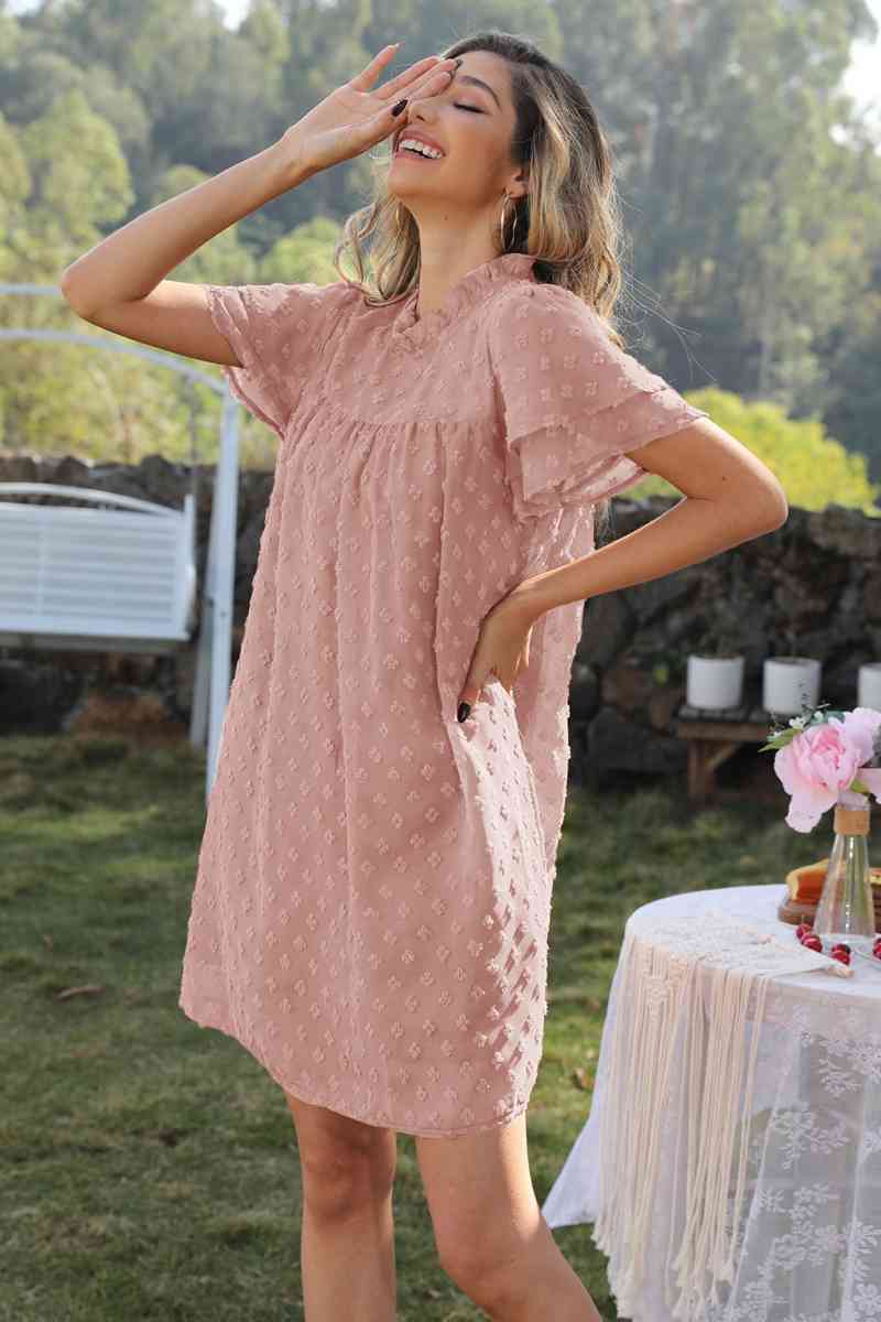 Swiss Dot Round Neck Flutter Sleeve Dress