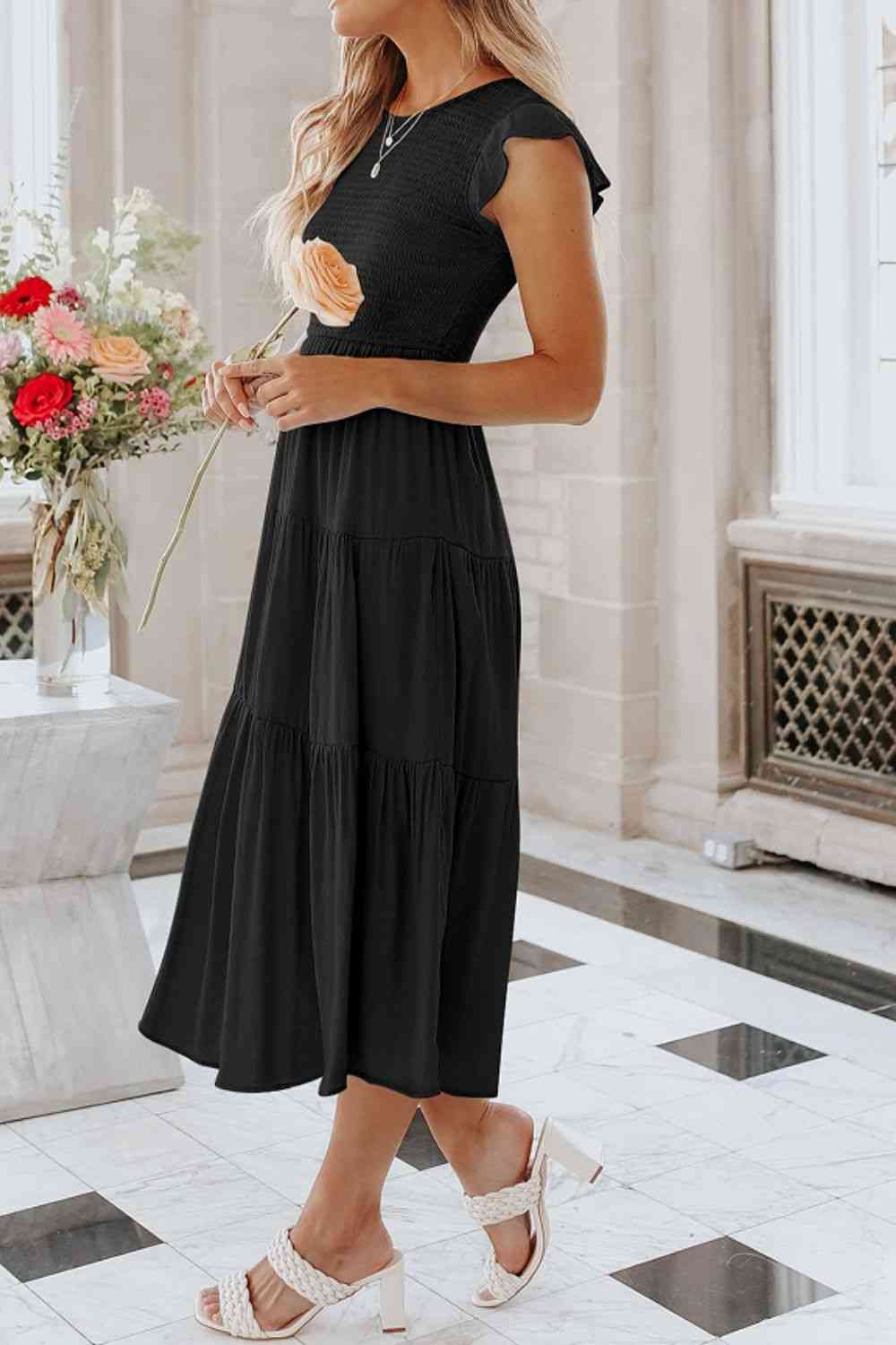 Round Neck Short Sleeve Tiered Midi Dress