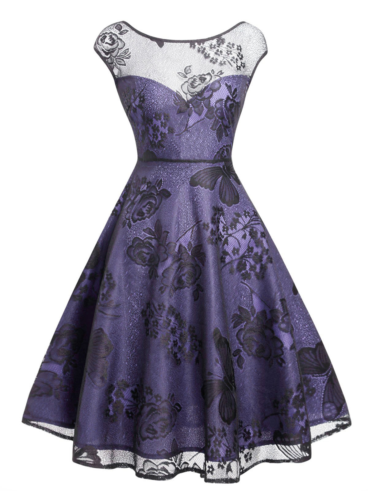 Purple Mesh Floral Swing Dress