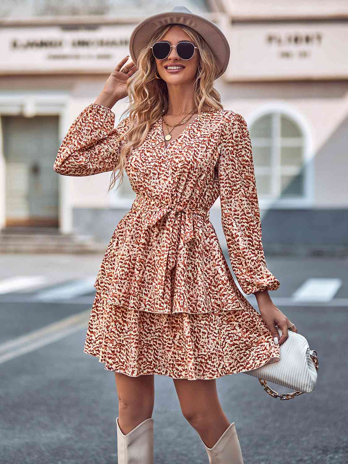 Long Sleeve Tie Waist Layered Dress