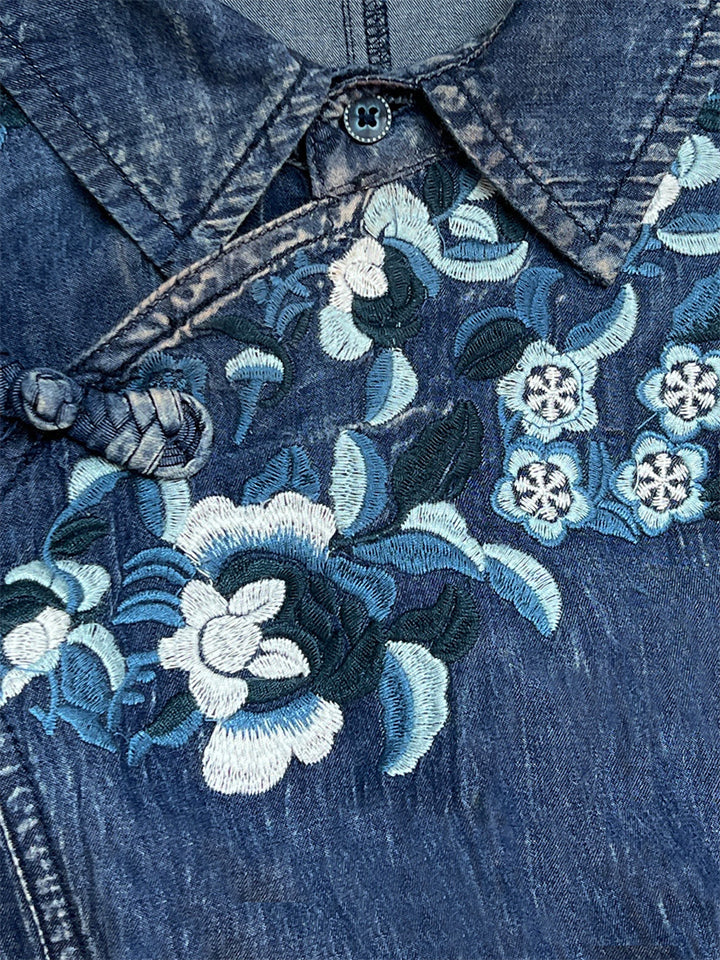 Elegant Blue Denim Flower Embroidery Women Pleated Dress