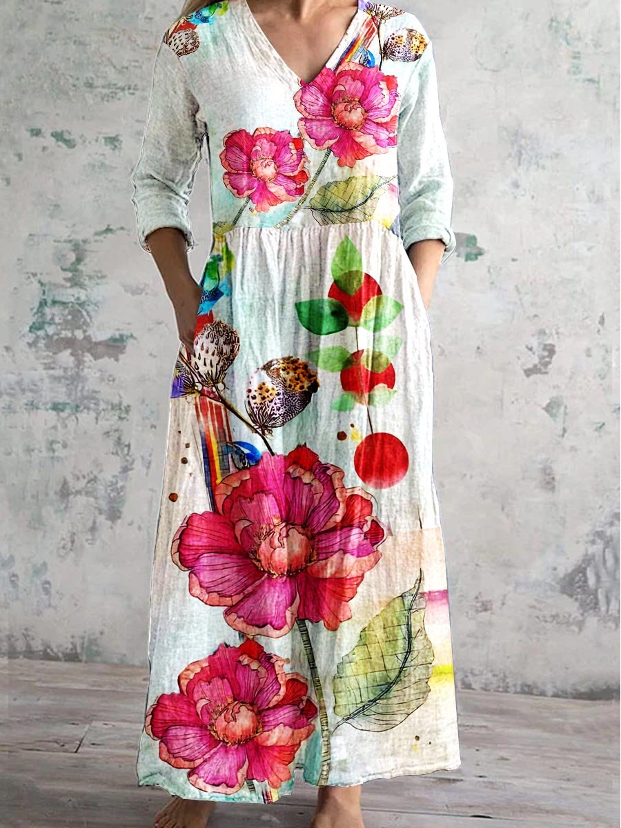 Ivyshape | Women's Poppy Print V-Neck Cotton and Linen Dress