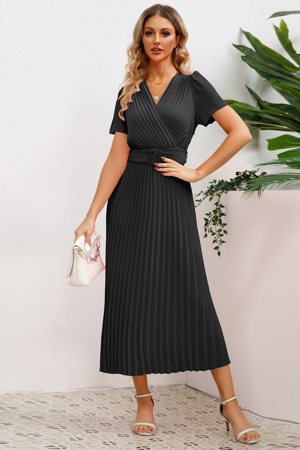 Ivyshape | Pleated Surplice Short Sleeve Midi Dress