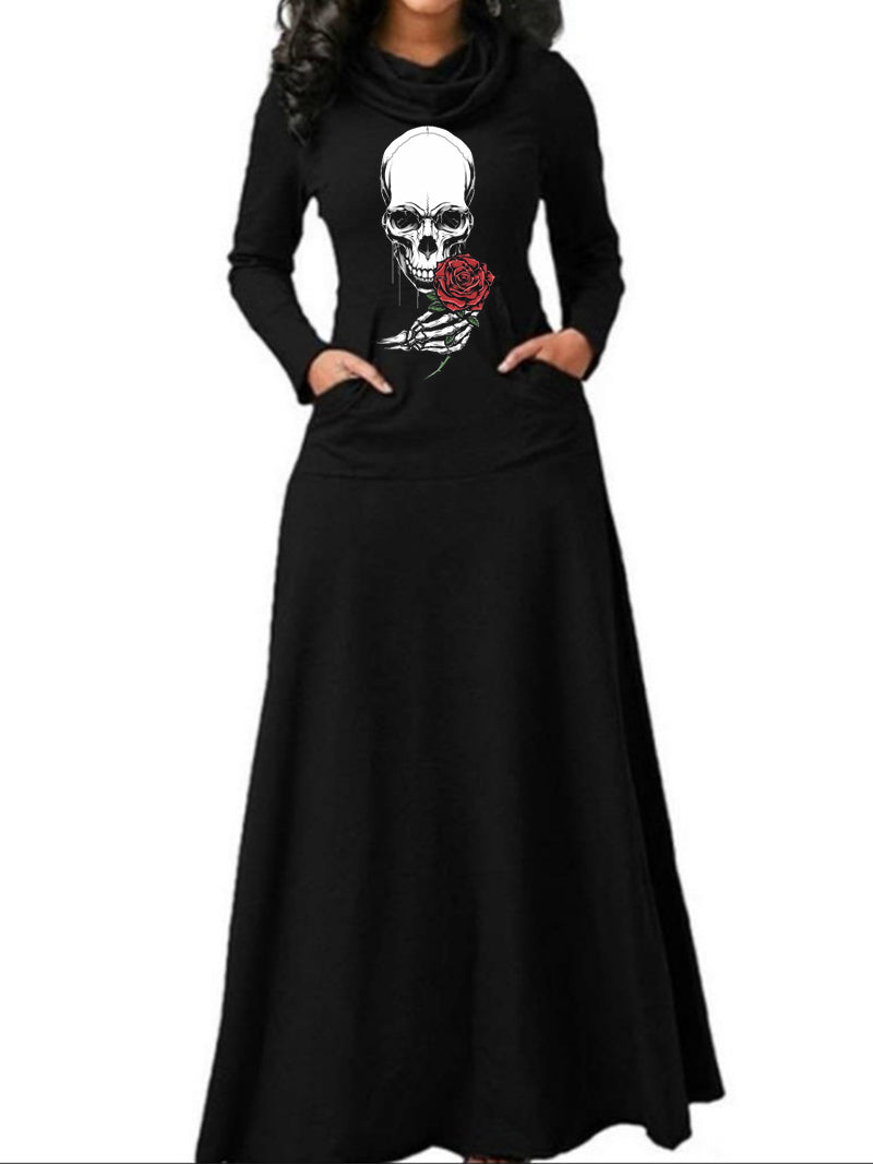 Skull Stacked Neck Hem Long Sleeve Maxi Dress