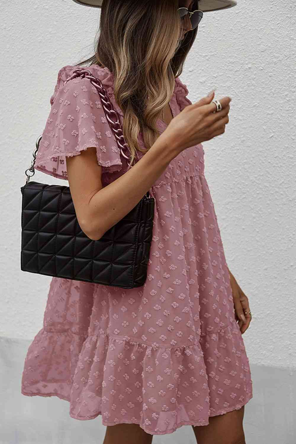 Swiss Dot Ruffle Shoulder Flutter Sleeve Dress