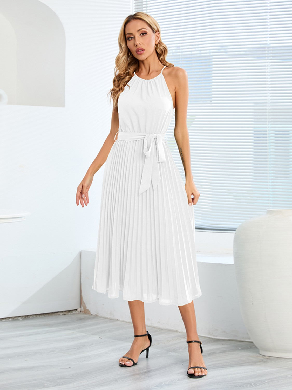 Ivyshape | Pleated Spaghetti Strap Tie Waist Midi Dress