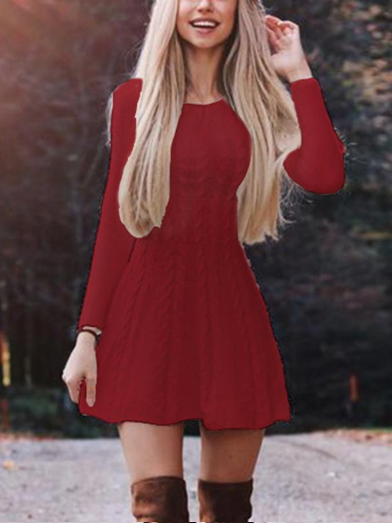 Ladies Waist Knit Sexy Round Neck Sweater Dress