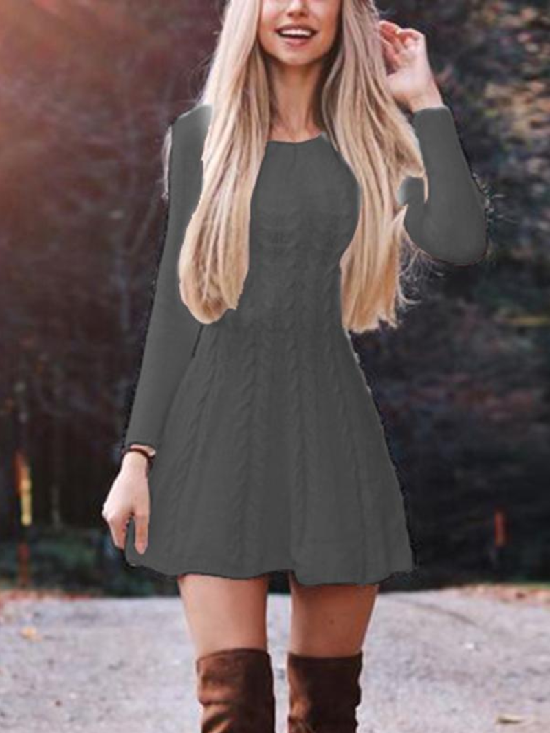 Ladies Waist Knit Sexy Round Neck Sweater Dress