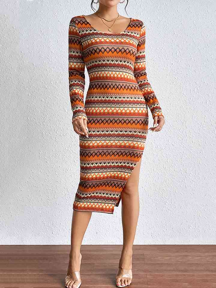 Printed Scoop Neck Slit Pencil Dress