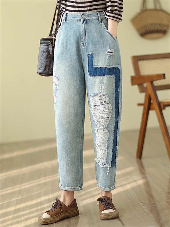 Light Blue Ripped Patchwork Female Trendy Harem Jeans