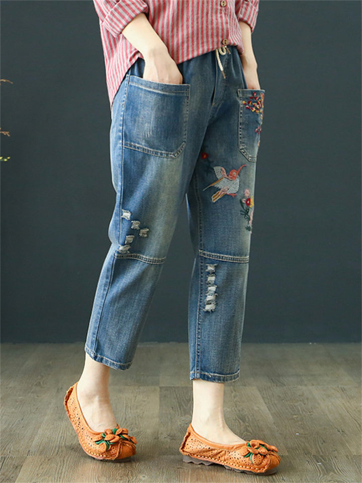 Vintage Splicing Bird Floral Embroidery Women's Ripped Jeans