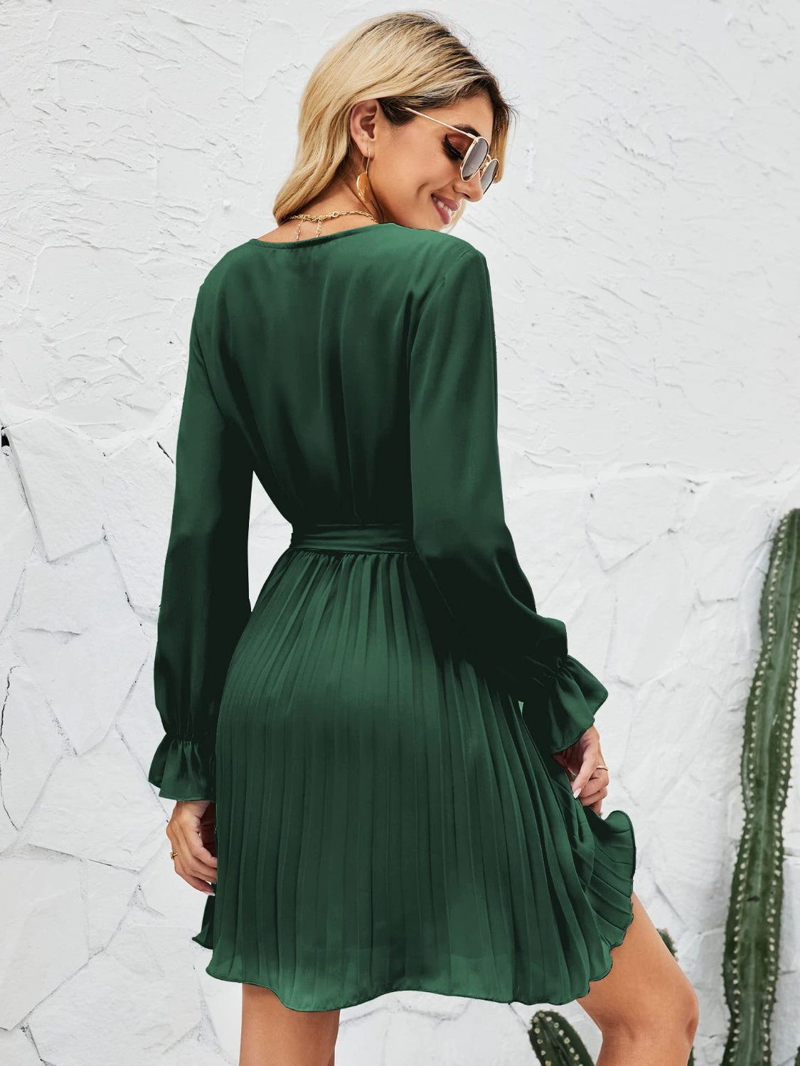 Ivyshape | Surplice Flounce Sleeve Pleated Mini Dress