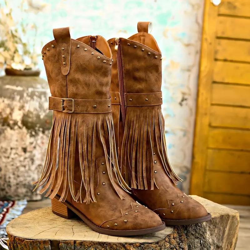 Ivyshape | Women's boots with fringe decor and thick heel