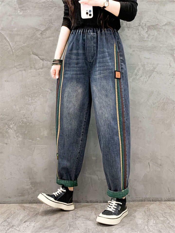 Stylish Color Stripe Washed Denim Harem Pants