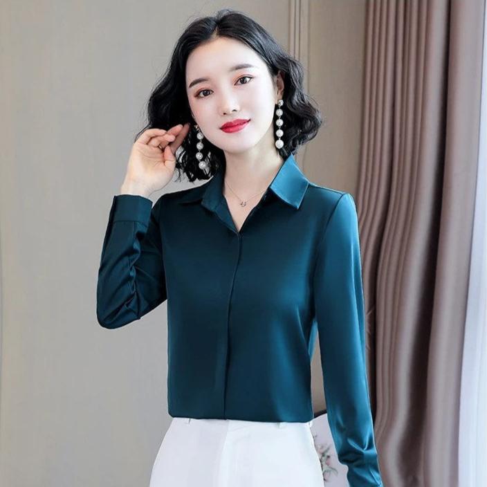 Elegant Satin Long-Sleeve Office Shirt for Women