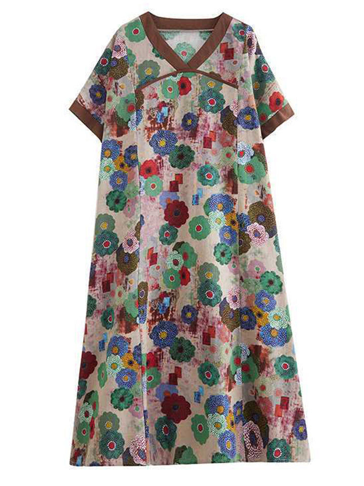 Women's V-neck Contrast Color Short Sleeve Floral Dress