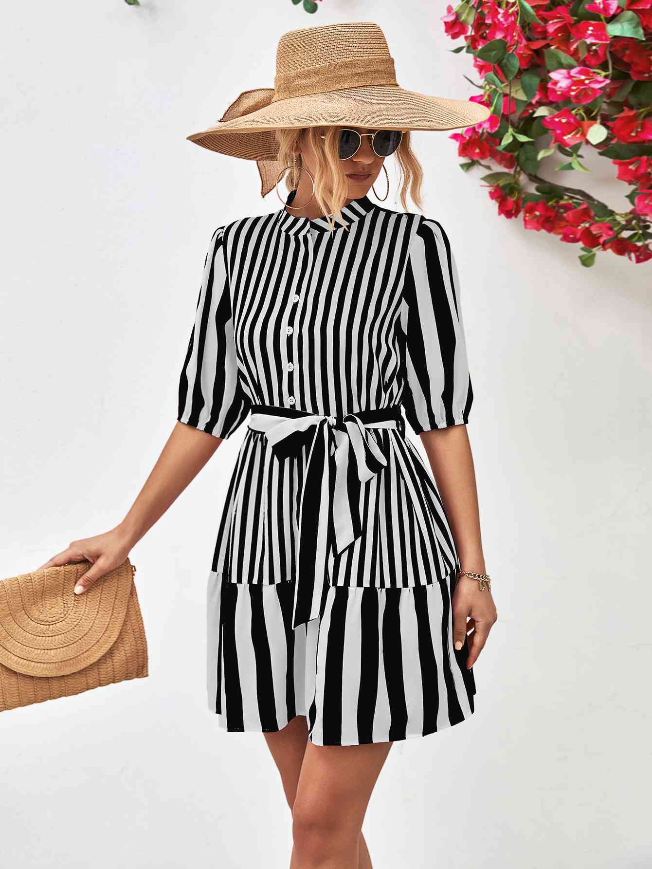 Striped Half Sleeve Tie Waist Mini Dress