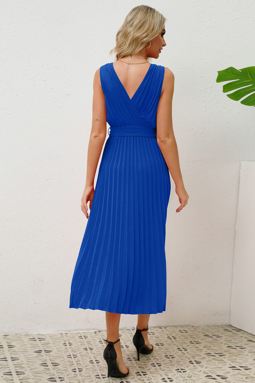 Ivyshape | Surplice Sleeveless Midi Pleated Dress