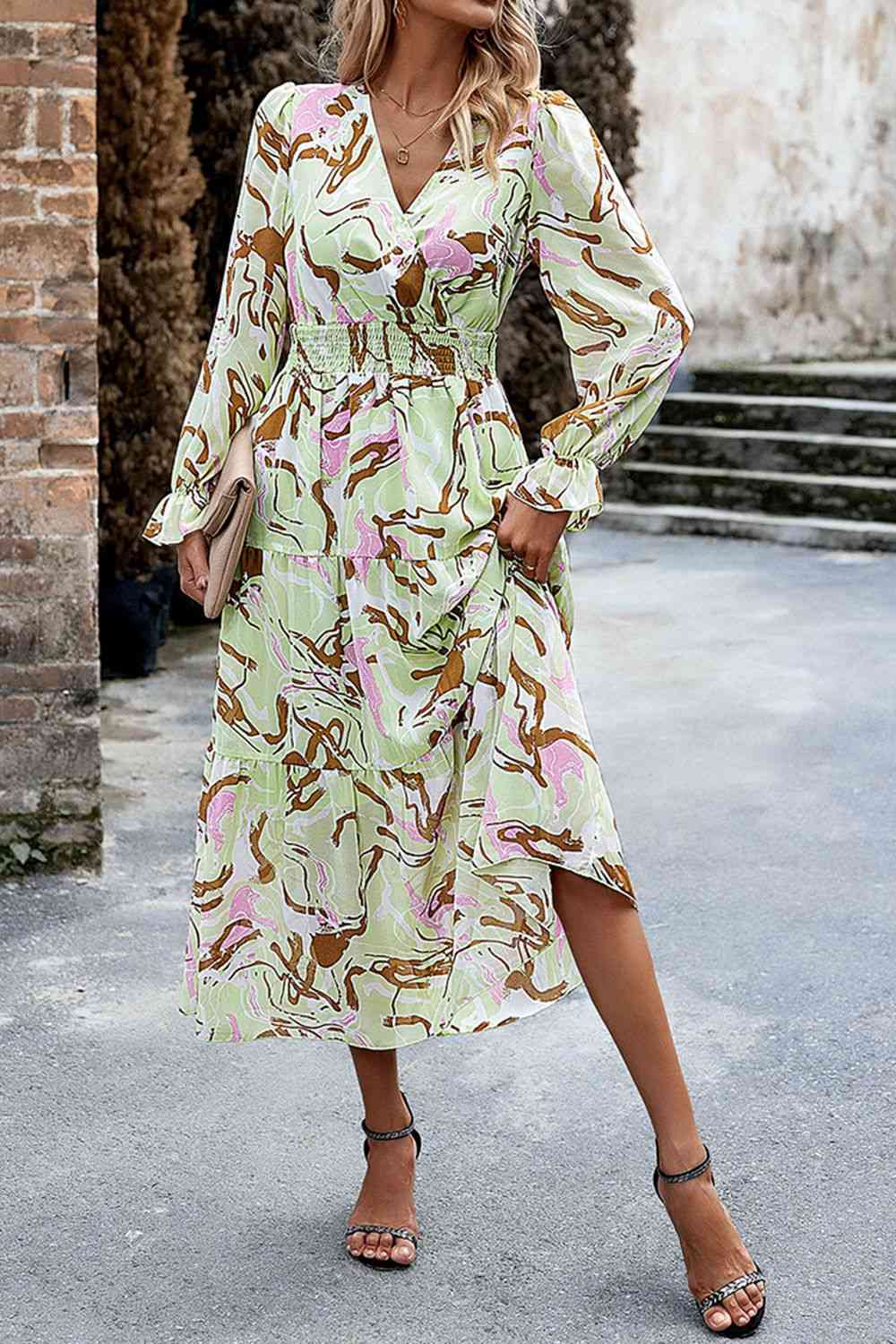 Printed Surplice Neck Flounce Sleeve Midi Dress