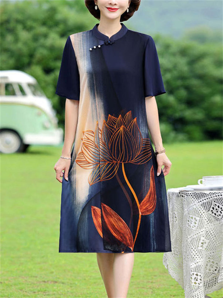 Ladies Cozy Breathable Chiffon Dress with Golden Lotus Print