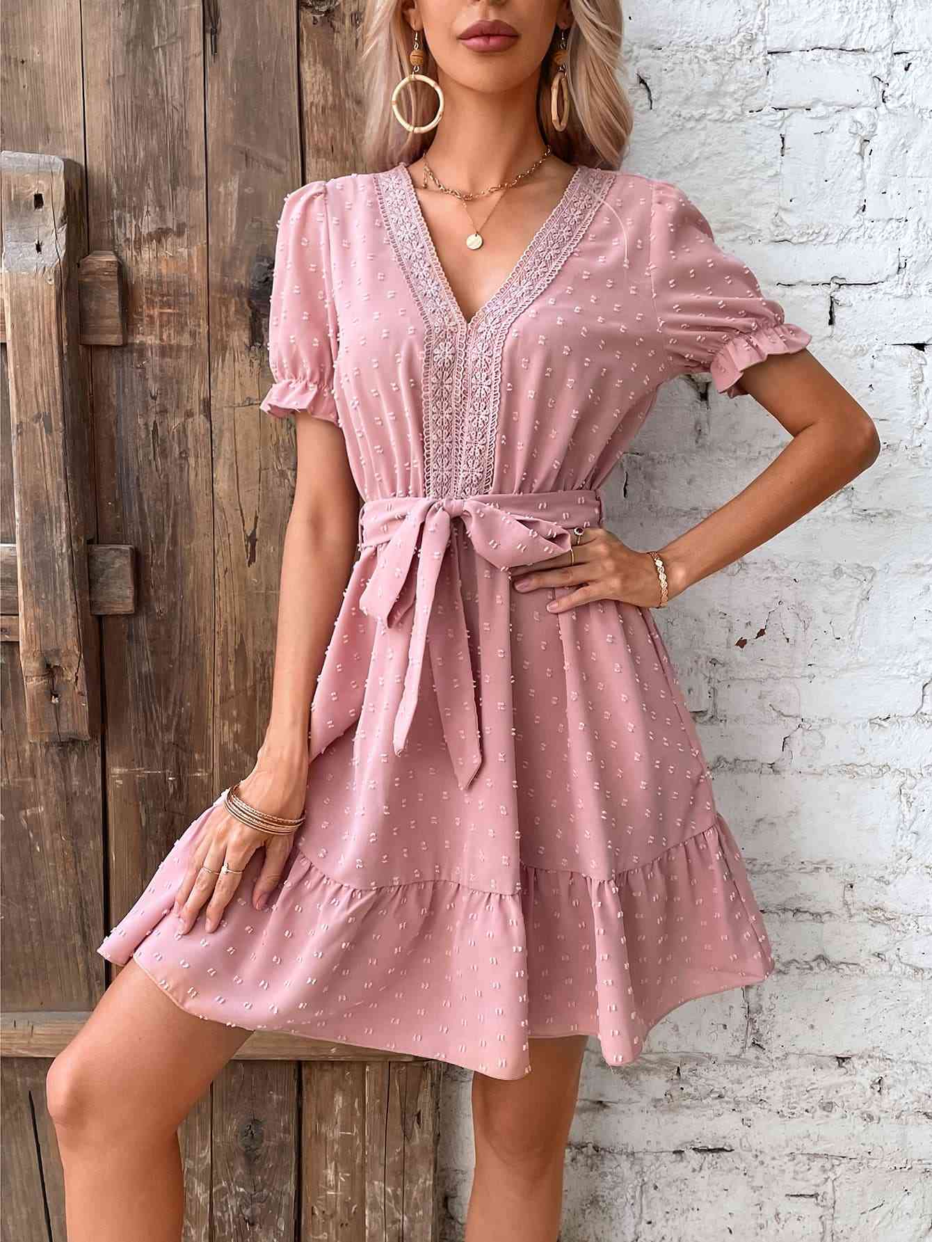 Swiss Dot V-Neck Flounce Sleeve Dress