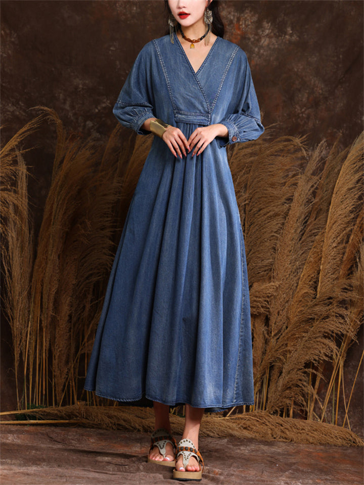 Women's Elegant V Neck Lantern Sleeve Pleated Denim Dress