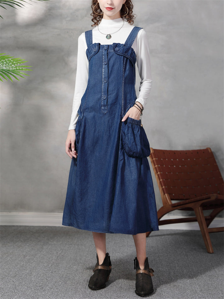 Stylish Blue Denim A-Line Dungaree Dress