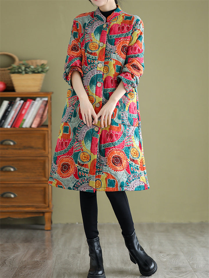 Cute Abstract Print Super Warm Plush Lining Coat