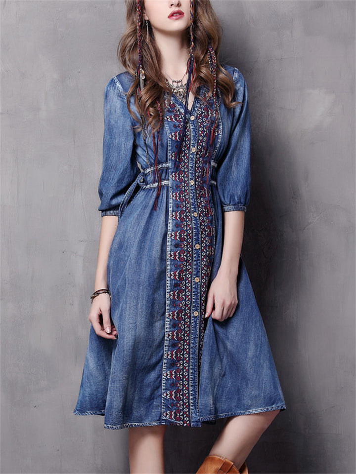 Ethnic Style Embroidery Half Sleeve Adjustable Waist Denim Dress