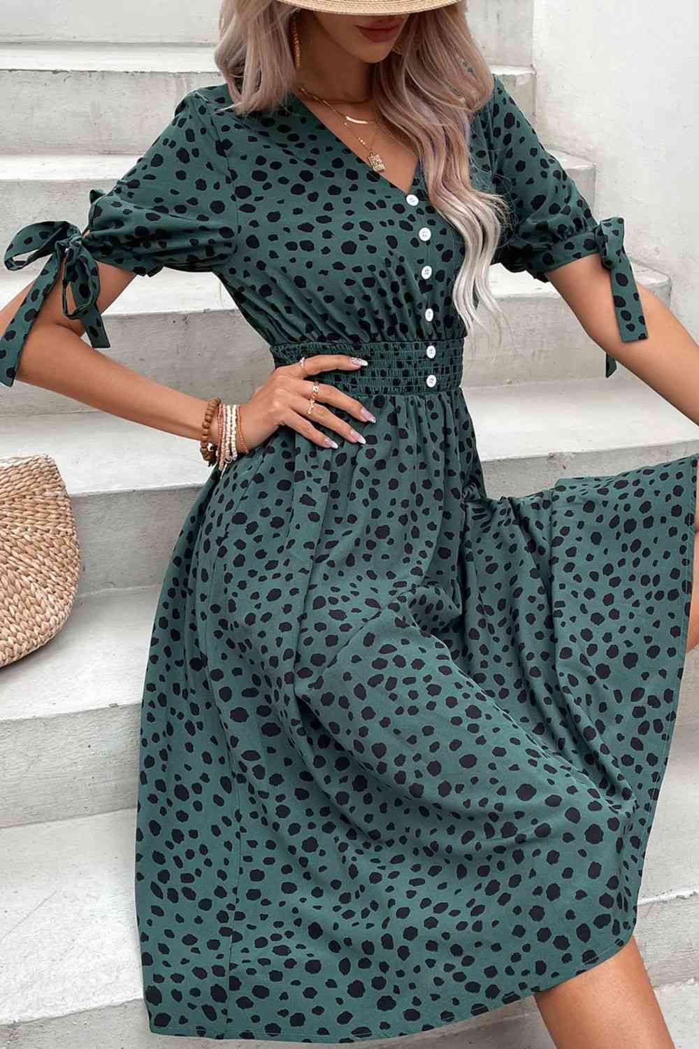 Printed Tie Cuff Smocked Waist Dress