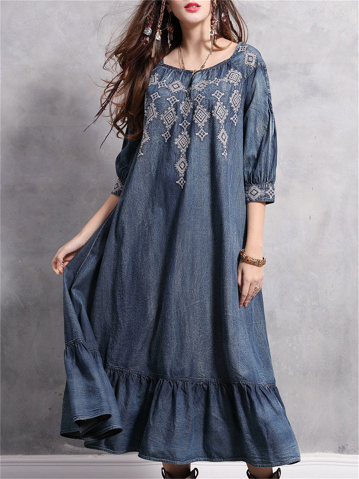 Diamond Embroidery Half Sleeve Ruffle Blue Denim Dress