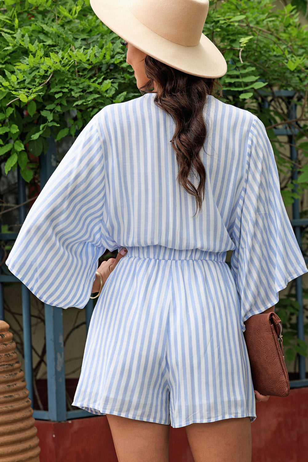 Ivyshape | Tied Striped Three-Quarter Sleeve Romper