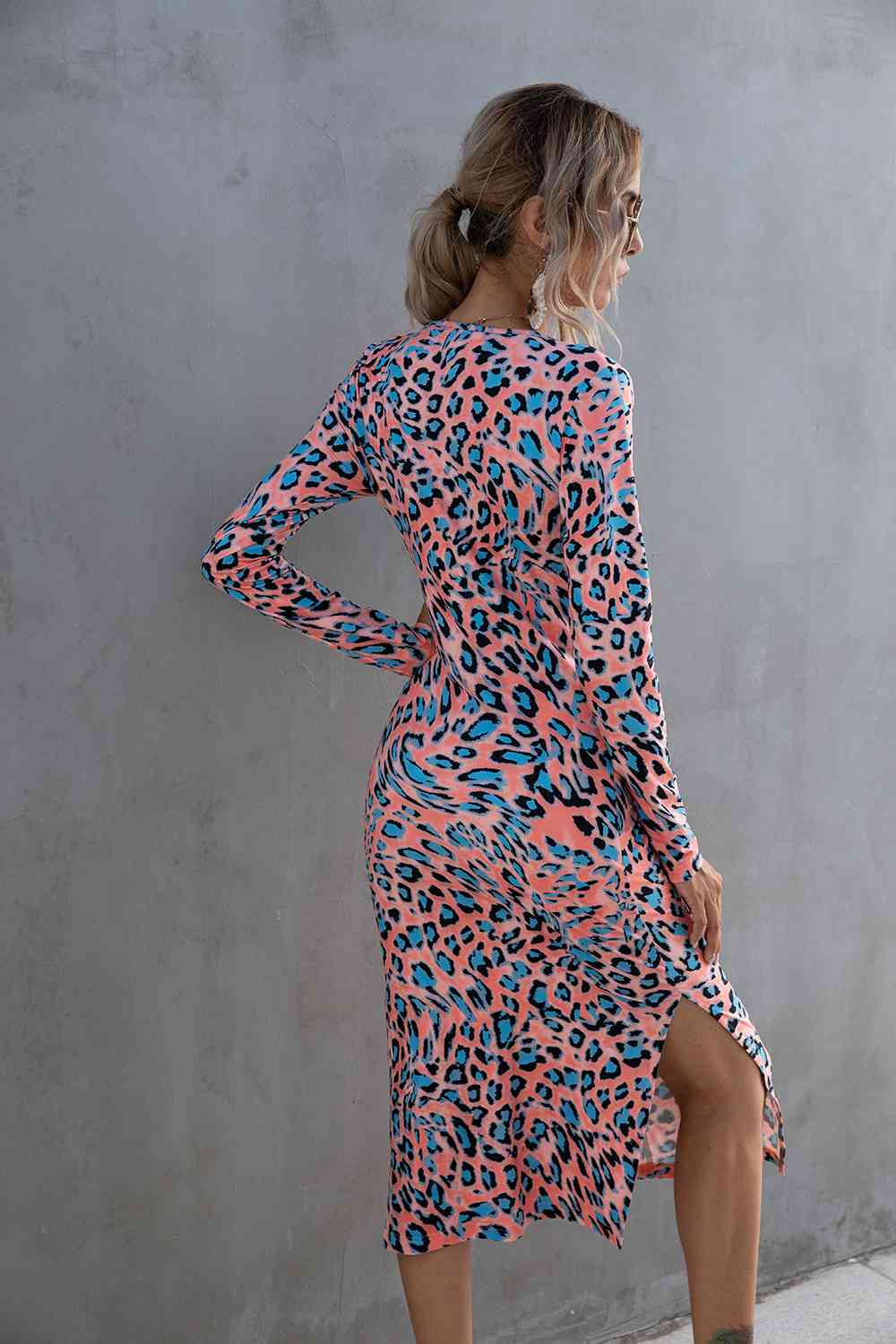 Leopard Twisted Slit Long Sleeve Dress