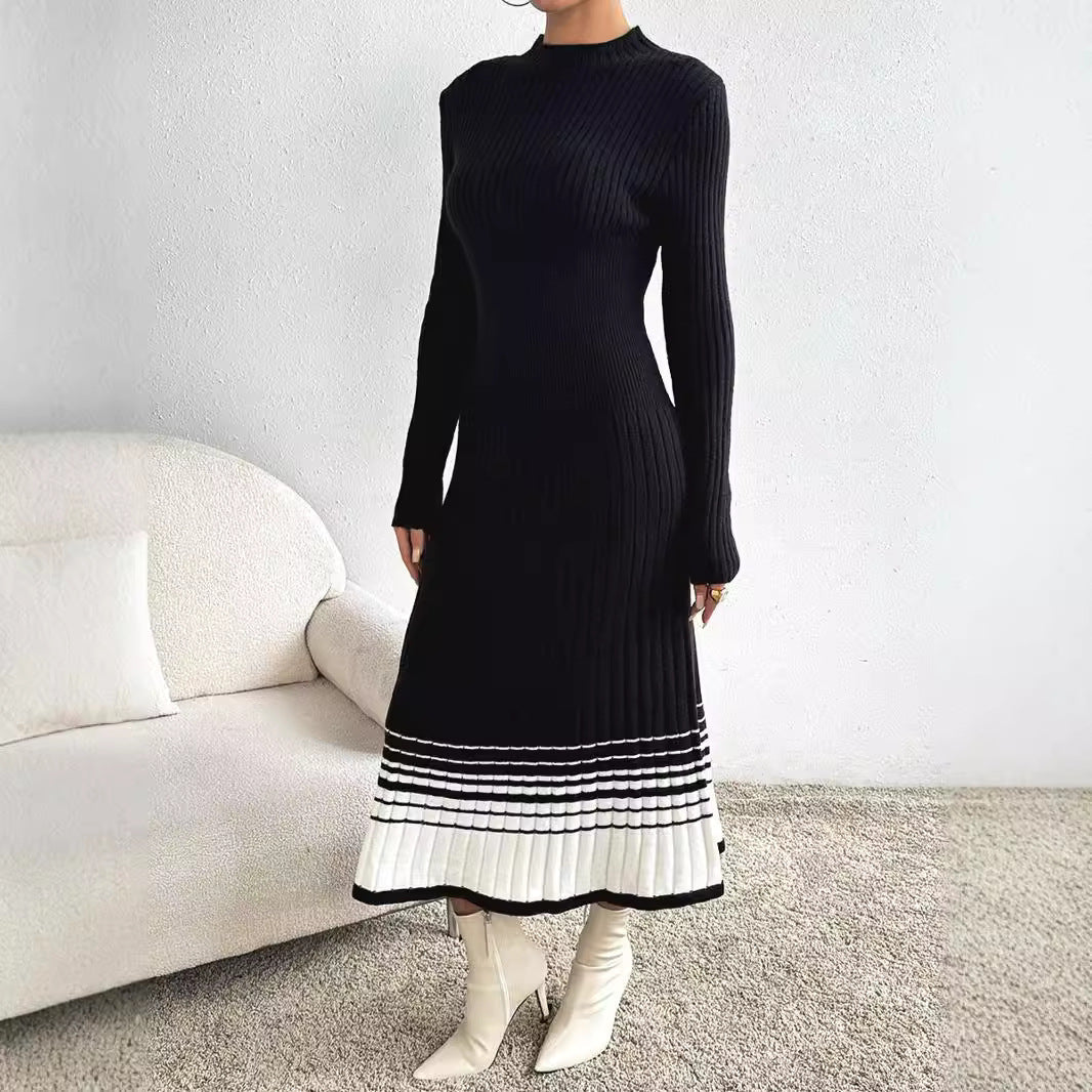 Ivyshape | Woolen Skirt Dress with Black and White Stripes