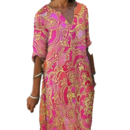 IvyShape | Casual Colorful Paisley-Inspired Dress with Three-Quarter Sleeves and V-Neck