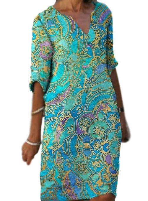 IvyShape | Casual Colorful Paisley-Inspired Dress with Three-Quarter Sleeves and V-Neck