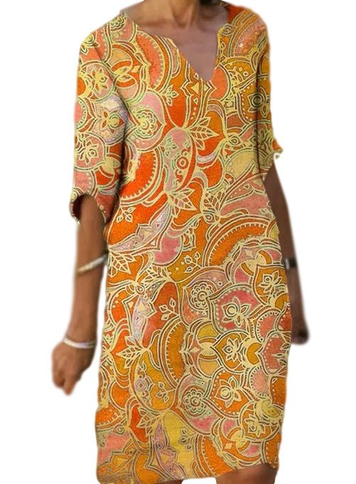 IvyShape | Casual Colorful Paisley-Inspired Dress with Three-Quarter Sleeves and V-Neck