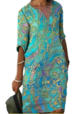 IvyShape | Casual Colorful Paisley-Inspired Dress with Three-Quarter Sleeves and V-Neck