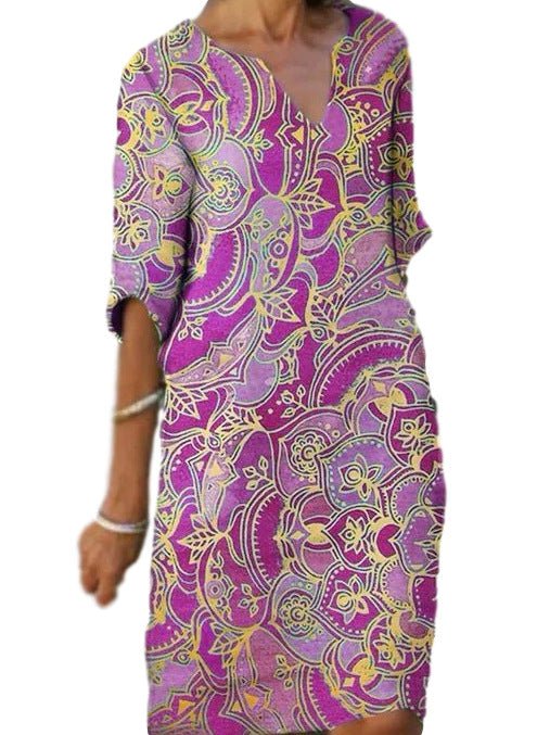 IvyShape | Casual Colorful Paisley-Inspired Dress with Three-Quarter Sleeves and V-Neck