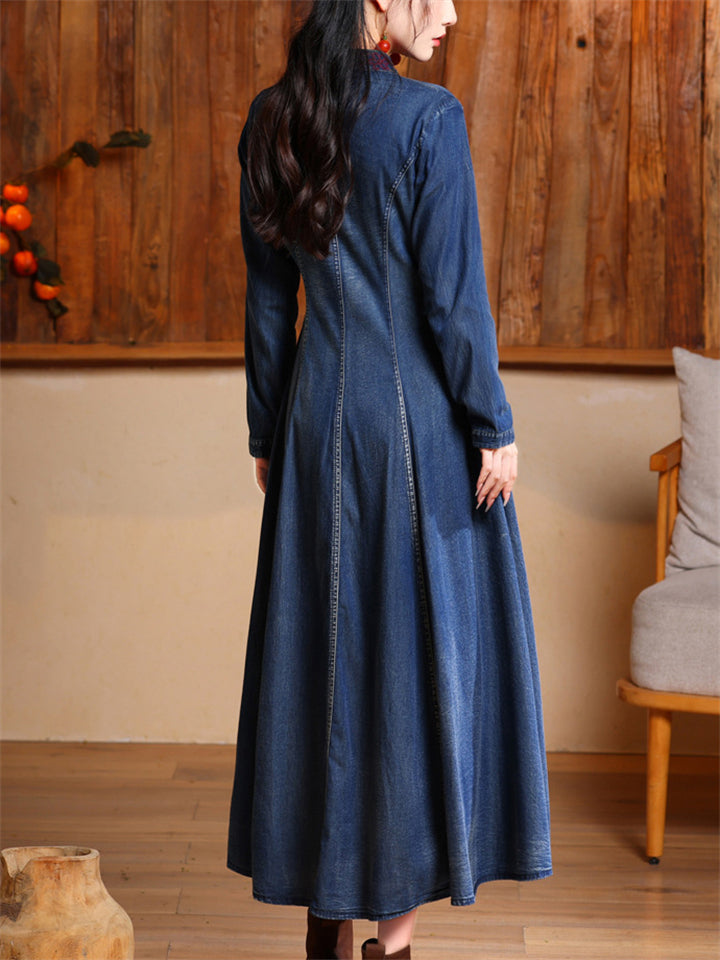 Chic Embroidery Single Breasted Mid-Length Denim Dress