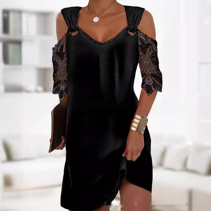 Ivyshape | V-Neck Dress with Lace Sleeve and Strap Detail