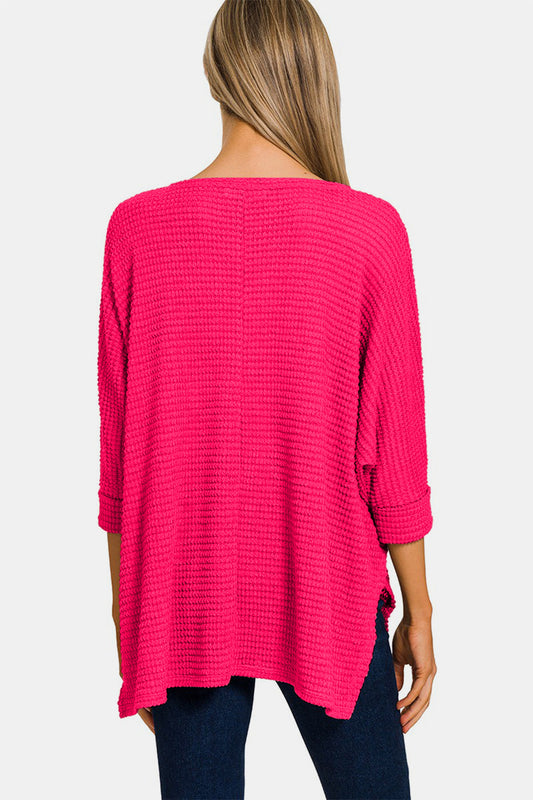 Ivyshape | Zenana V-Neck High-Low Jacquard Knit Top