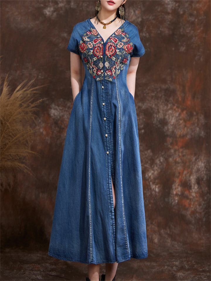 Summer Ethnic Style V-neck Embroidered Denim Dresses