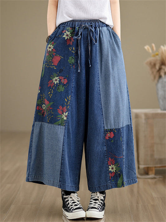 Summer Daisy Print Patchwork Design Blue Jeans for Women